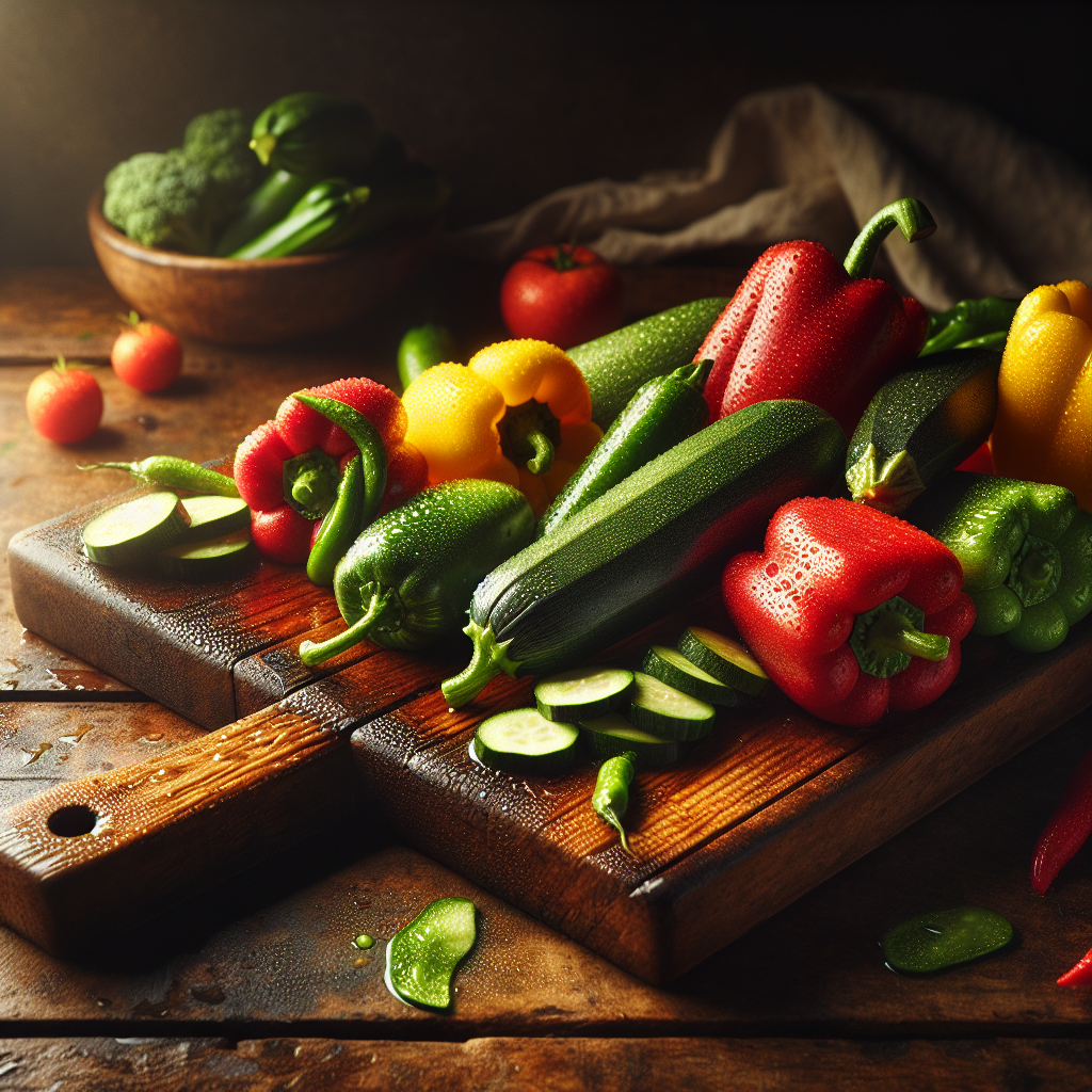 A wooden cutting board with vegetables on it